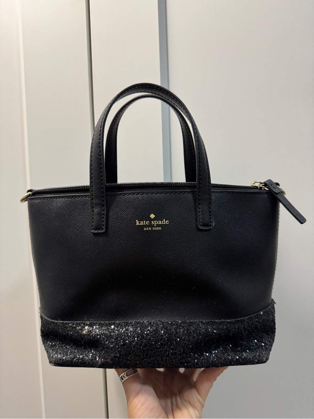 kate spade Black Textured Leather Mini Tote with glitter Base